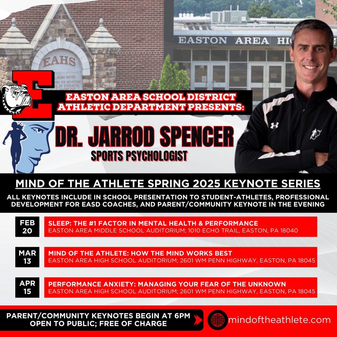 Our first 3 events with Mind of the Athlete:
Feb. 20
Mar. 13
Apr. 15
Each event will include a presentation to high school student-athletes during the school day, an hour presentation to EASD coaches after school, &amp; a parent/community forum in the evening.