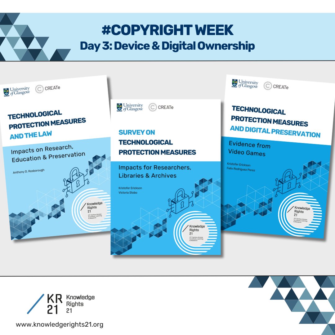 KR21org's tweet image. 1/ #CopyrightWeek: our 3-part report series on digital locks 🔒 shows they hinder research, education &amp;amp; preservation. These barriers put our digital heritage at risk. The research by @copyrightcentre (@UofGlasgow) helps craft a path towards better access 👇
#TPMs #DigitalLocks