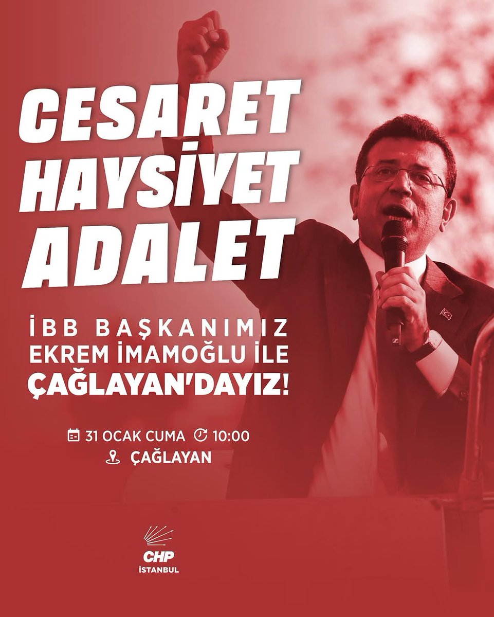 #Cesaret, #haysiyet, #adalet!

TBB ve İBB Başkanımız Ekrem İmamoğlu ifade vermek için Çağlayan Adliyesi'nde olacak.

Cuma sabahı 10.00'da Ekrem Başkanımızın yanında olacağız. Haklıyı ve demokrasiyi savunmaktan bir an geri durmayacağız!