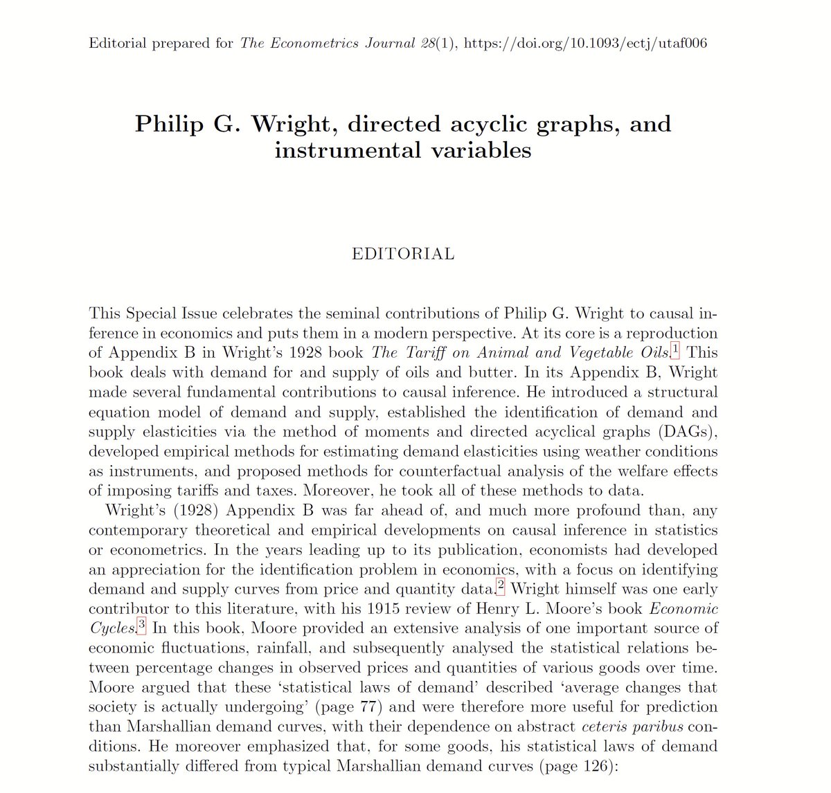 Giuseppe Cavaliere (@cavalieregiu) on Twitter photo Hi #EconTwitter!
Check out this cool Econometrics Journal editorial by @JaapAbbring, <a href="/VC31415/">Victor Chernozhukov #peace 🇺🇦</a> & Fernandez-Val on Wright's 1928 contribution to causal inference and IV.
Very interesting stuff!
Link: arxiv.org/abs/2501.16395 Hi #EconTwitter!
Check out this cool Econometrics Journal editorial by @JaapAbbring, <a href="/VC31415/">Victor Chernozhukov #peace 🇺🇦</a> & Fernandez-Val on Wright's 1928 contribution to causal inference and IV.
Very interesting stuff!
Link: arxiv.org/abs/2501.16395