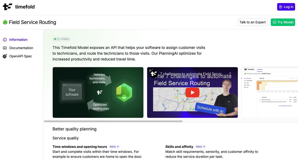 Geoffrey De Smet (@geoffreydesmet) on Twitter photo The new overview of our REST API for Field Service Routing is now online.
Take a look:
app.timefold.ai/models/field-s…
It covers almost every constraint.
From time windows, fairness and technician costs to real-time planning and many other #PlanningAI requirements.
Just pick and choose The new overview of our REST API for Field Service Routing is now online.
Take a look:
app.timefold.ai/models/field-s…
It covers almost every constraint.
From time windows, fairness and technician costs to real-time planning and many other #PlanningAI requirements.
Just pick and choose