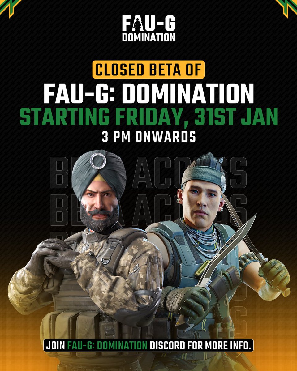 The wait is almost over! 🚀 FauG: Domination Beta Access starts this Friday, 31st Jan | 3 PM !

To download the game, visit:  bit.ly/faugbeta

Are you ready to enter the battlefield? ⚔️🔥

#Faug #FaugDomination #gaming