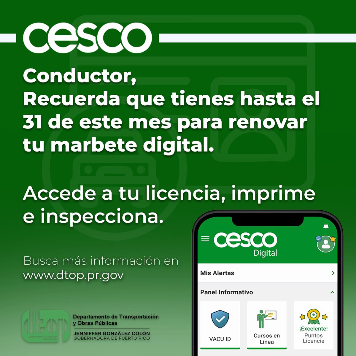 DTOP (@dtop) on Twitter photo Recuerda que tienes hasta el 31 de este mes para renovar el marbete digital
<a href="/actprgov/">Autoridad de Carreteras y Transportación (ACT)</a>
<a href="/lafortalezadepr/">La Fortaleza</a> Recuerda que tienes hasta el 31 de este mes para renovar el marbete digital
<a href="/actprgov/">Autoridad de Carreteras y Transportación (ACT)</a>
<a href="/lafortalezadepr/">La Fortaleza</a>