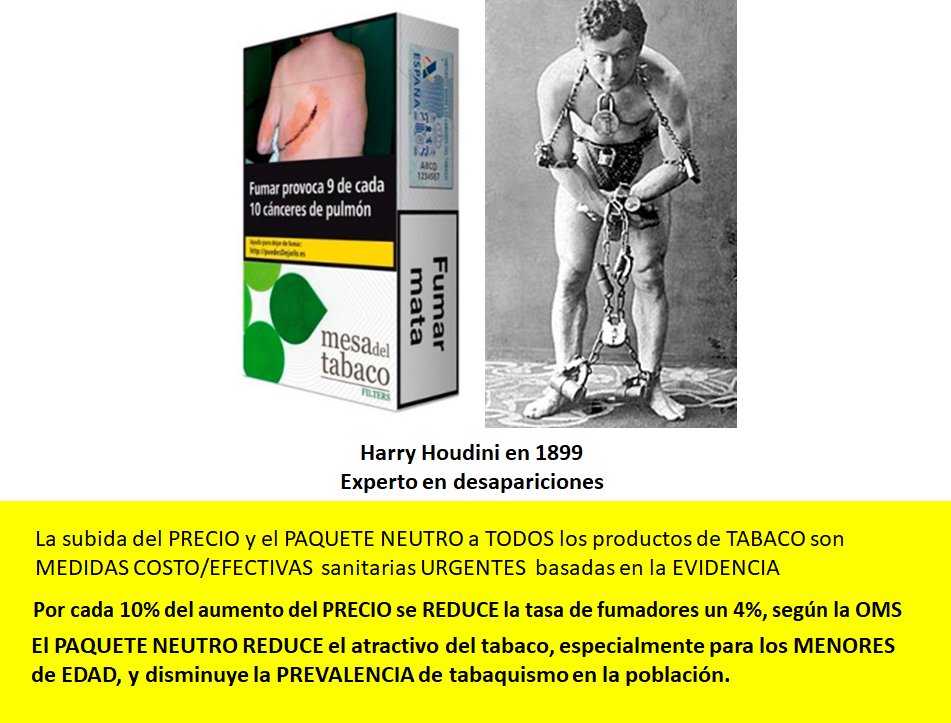 El Plan anti #TABACO PIT y el RD 579/2017 son cosa de  #HOUDINI. Del primero DESAPARECIÓ la subida del PRECIO y del segundo DESAPARECIÓ el PAQUETE NEUTRO. 
La MESA del TABACO no puede ganar cuando <a href="/Haciendagob/">Ministerio de Hacienda</a> y <a href="/sanidadgob/">Ministerio de Sanidad</a> lo presiden 2 médicas  <a href="/mjmonteroc/">María Jesús Montero</a> y <a href="/Monica_Garcia_G/">Mónica García</a>