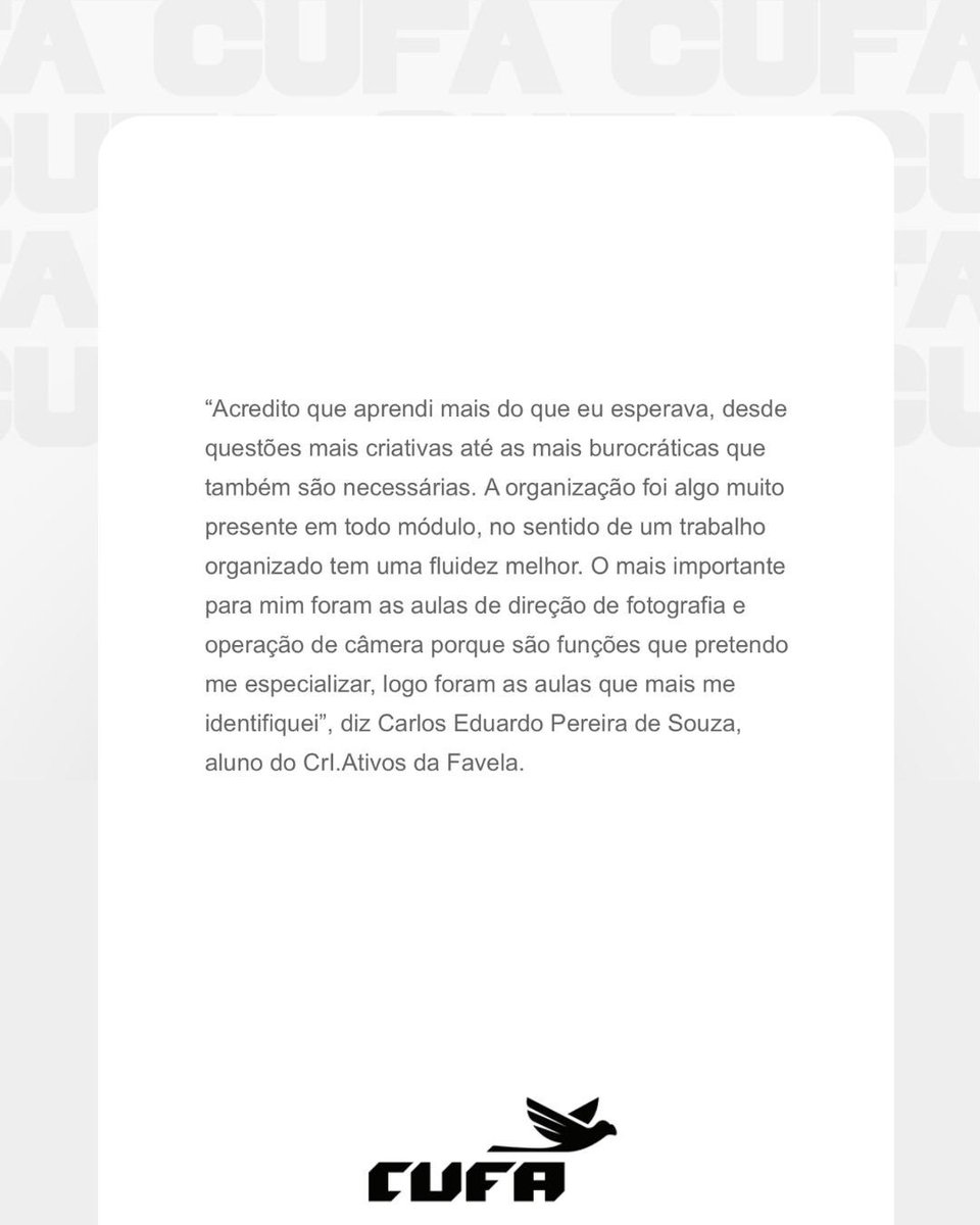 Expo Favela Rio de Janeiro (@expofavelarj) on Twitter photo 🎥 Luz, câmera, transformação!
Hoje (29), às 10h, na CUFA Rio, em Madureira, acontece a formatura da 2ª turma do Cri.Ativos da Favela. O audiovisual mudando vidas nas favelas!
<a href="/CUFA_Brasil/">CUFA Brasil</a> <a href="/celsoathayde/">Celso Athayde</a> <a href="/pretozeze/">PRETO ZEZÉ</a> <a href="/iNFavela/">iNFavela</a> <a href="/_favelafilmes/">Favela Filmes</a>
#CriativosDaFavela #CUFARio 🎥 Luz, câmera, transformação!
Hoje (29), às 10h, na CUFA Rio, em Madureira, acontece a formatura da 2ª turma do Cri.Ativos da Favela. O audiovisual mudando vidas nas favelas!
<a href="/CUFA_Brasil/">CUFA Brasil</a> <a href="/celsoathayde/">Celso Athayde</a> <a href="/pretozeze/">PRETO ZEZÉ</a> <a href="/iNFavela/">iNFavela</a> <a href="/_favelafilmes/">Favela Filmes</a>
#CriativosDaFavela #CUFARio