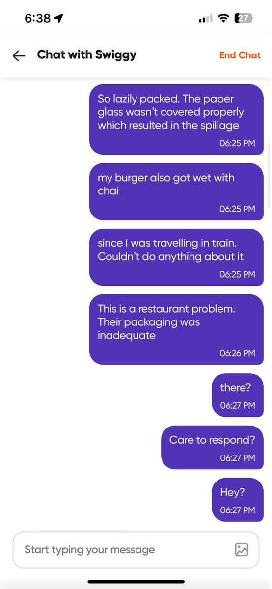 Kiranunni's tweet photo. @SwiggyCares @Swiggy @harshamjty 
1/2
Ordered from Burger King Thrissur while travelling in train (details in photos). Spilled Chai coz of careless packaging. Almost 1/2 of the chai got spilled and it spoilt the burger ordered along with it. https://t.co/scONqCueV9