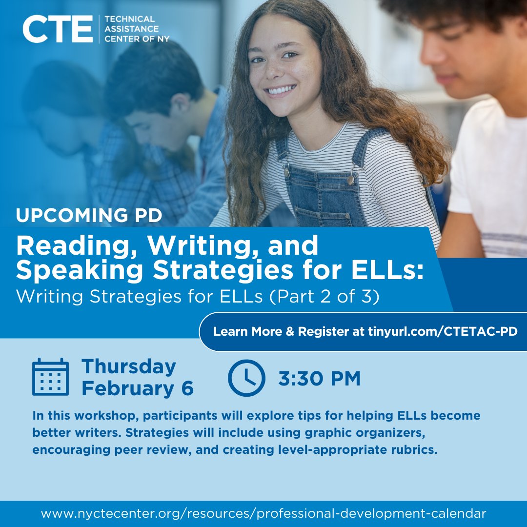 In this workshop, participants will explore tips for helping ELLs become better writers. Strategies will include using graphic organizers, encouraging peer review, and creating level-appropriate rubrics.

Register at ow.ly/5ZuT50UExfY