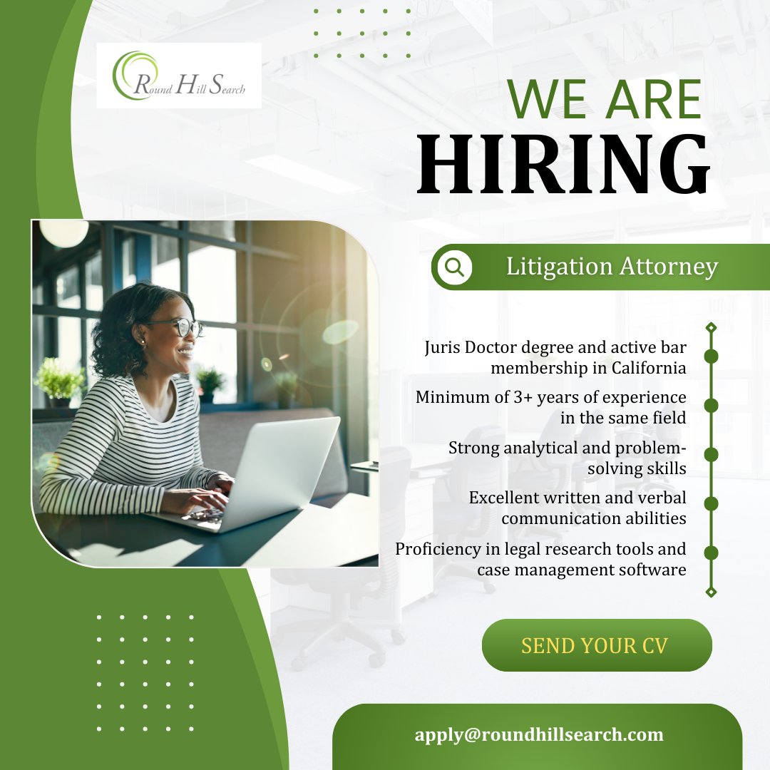 RoundHillSearch's tweet image. 💼A premier law firm is hiring a Litigation Attorney to join its dynamic team. Handle complex cases, sharpen your legal skills, and thrive in a supportive environment. Don’t miss this opportunity to advance your career!✨ tinyurl.com/bdzfp88u
#triallitigation #legalcareers
