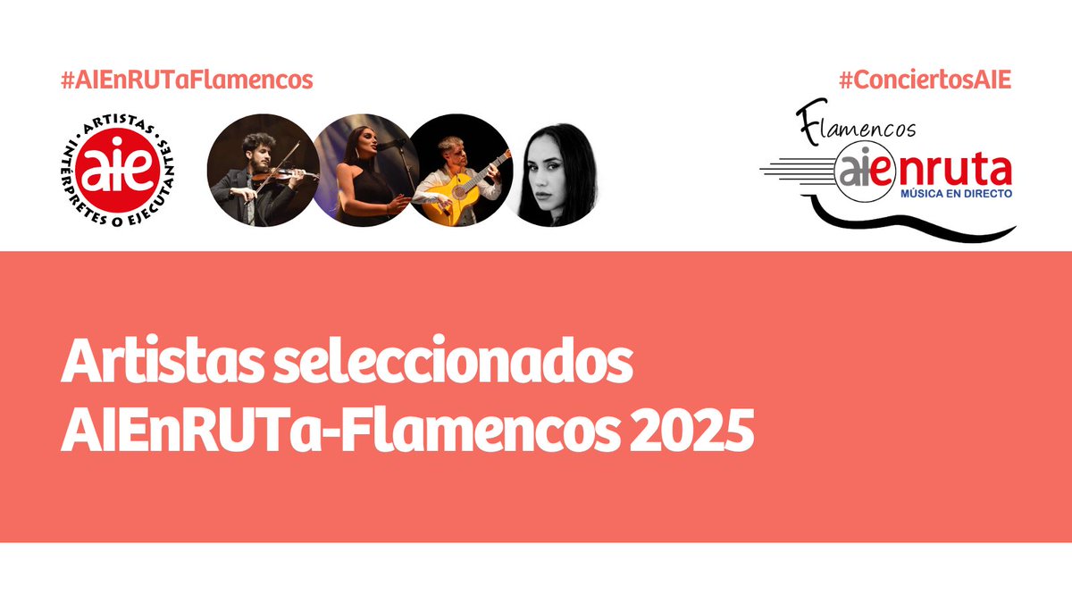 🔥¡Todo preparado para AIEnRUTa-Flamencos 2025! Los artistas seleccionados en esta nueva edición mostrarán su arte flamenco, pasión y talento, llenando de duende las diferentes salas y espacios de España en los que actuarán a lo largo del año.

Ángel Bocanegra 
 
Gabriela Giménez