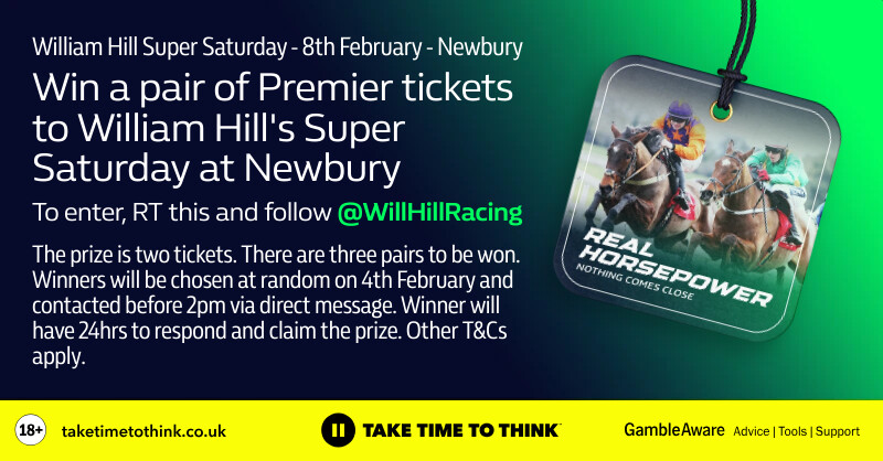 William Hill Racing (@willhillracing) on Twitter photo 🚨 COMPETITION TIME! 🚨
Fancy being at <a href="/NewburyRacing/">Newbury Racecourse</a> for <a href="/WilliamHill/">William Hill</a> Super Saturday? Here's your chance...
🔃 Repost this
➡️ Follow <a href="/WillHillRacing/">William Hill Racing</a>
Terms apply: wh.bet/WHSuperSaturday 🚨 COMPETITION TIME! 🚨
Fancy being at <a href="/NewburyRacing/">Newbury Racecourse</a> for <a href="/WilliamHill/">William Hill</a> Super Saturday? Here's your chance...
🔃 Repost this
➡️ Follow <a href="/WillHillRacing/">William Hill Racing</a>
Terms apply: wh.bet/WHSuperSaturday