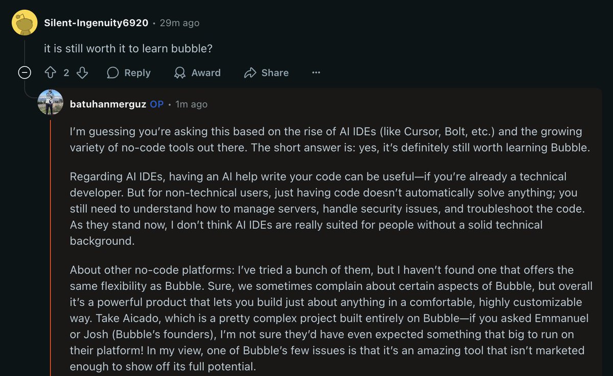 I replied a critical question on Reddit. "It is still worth it to learn <a href="/bubble/">Bubble</a>" 

What's your thoughts?