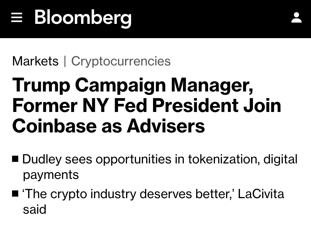 BREAKING: <a href="/realDonaldTrump/">Donald J. Trump</a> CAMPAIGN MANAGER, FORMER NY FED PRESIDENT JOIN <a href="/coinbase/">Coinbase 🛡️</a> AS ADVISERS - PER <a href="/Bloomberg/">Bloomberg</a>