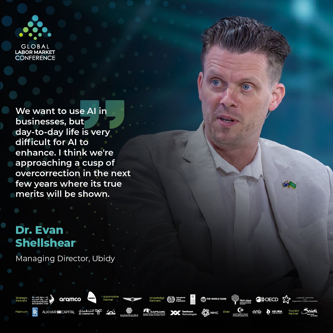 Global_LMC's tweet photo. AI hype vs. reality! Dr. @eshellshear, Managing Director of @ubidystatus warns of an overcorrection in AI adoption. While businesses push for AI integration, its real impact on daily work is yet to unfold. #GLMC2025 https://t.co/TPXTVvygda