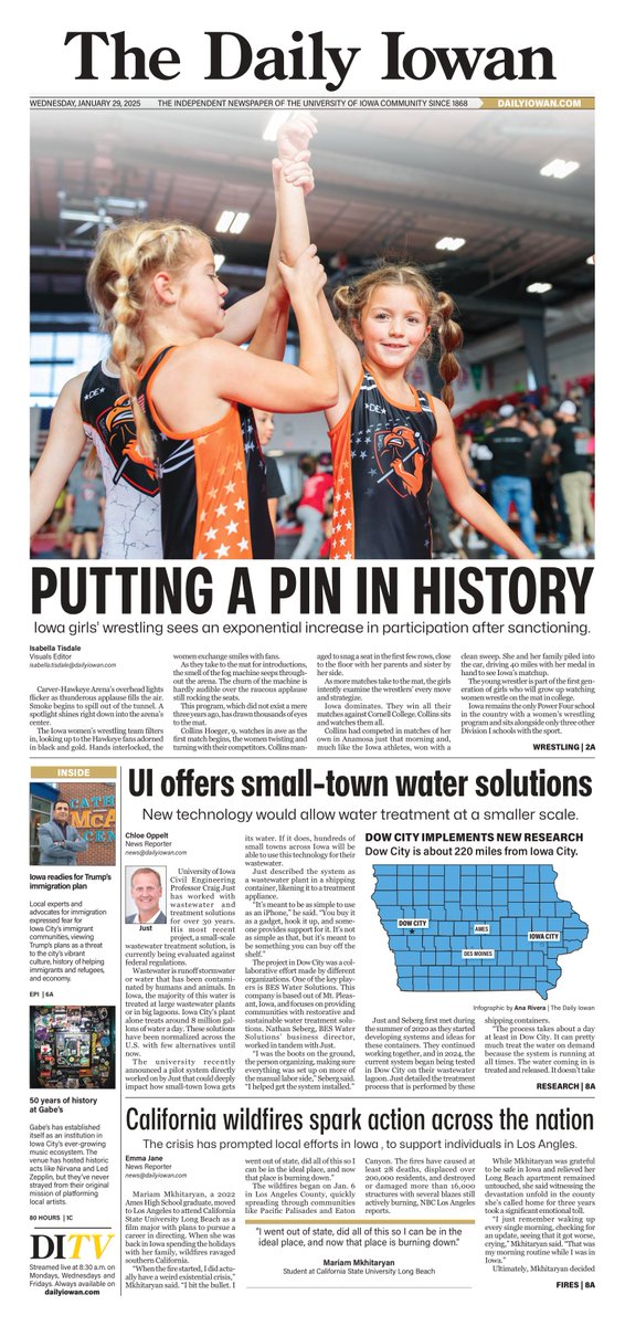 The Daily Iowan (@thedailyiowan) on Twitter photo Today’s News Front: January 29, 2024 🤼♀️
Check out this week’s news front by <a href="/IsabellaTis16/">Isabella Tisdale</a> following the growth of Iowa girl's wrestling and the impact the sport has made across the state on newsstands or online at dailyiowan.com today! Today’s News Front: January 29, 2024 🤼♀️
Check out this week’s news front by <a href="/IsabellaTis16/">Isabella Tisdale</a> following the growth of Iowa girl's wrestling and the impact the sport has made across the state on newsstands or online at dailyiowan.com today!