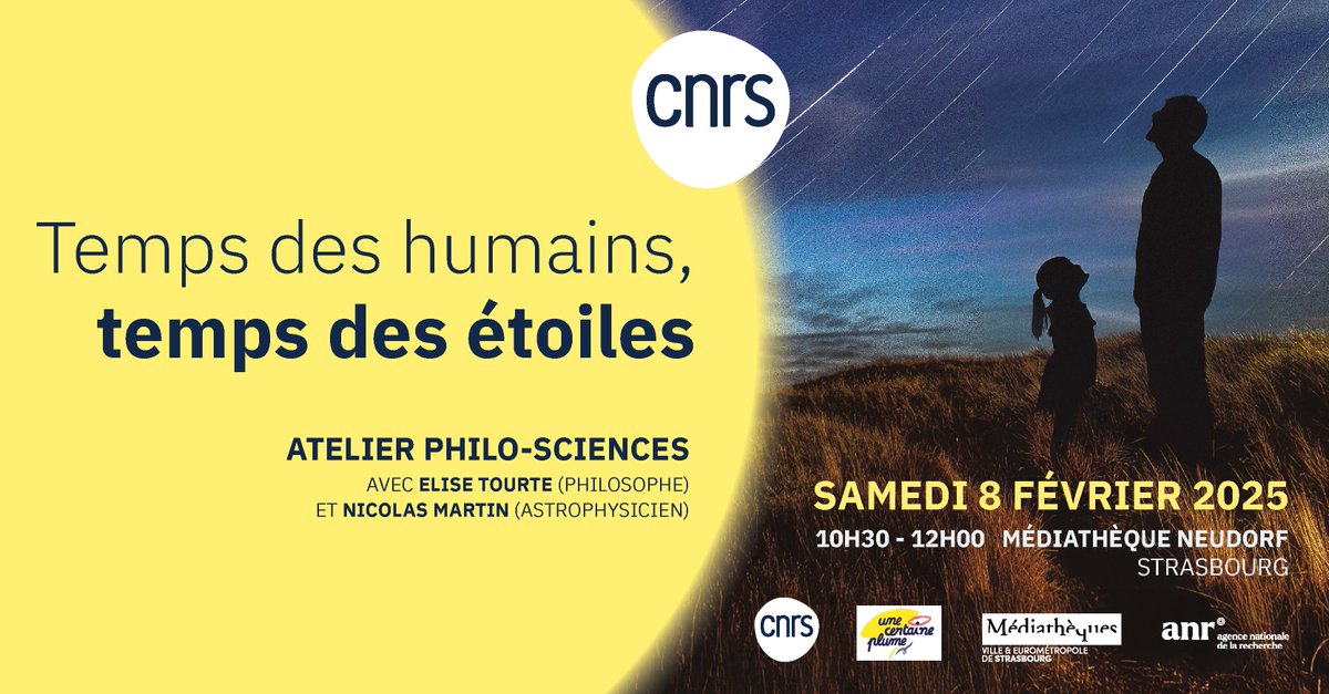 CNRS_Alsace's tweet image. [ATELIER PHILO-SCIENCES] Temps des humains ⌚, temps des étoiles⭐️
Avec @EliseTourte philosophe et Nicolas Martin, astrophysicien 
👉lnkd.in/eZvuaye8
🗓️Samedi 08/02 -10h30 à 12h 📌Médiathèque Neudorf
@CNRS, Médiathèques @strasbourg, @AgenceRecherche #SAPSCNRS