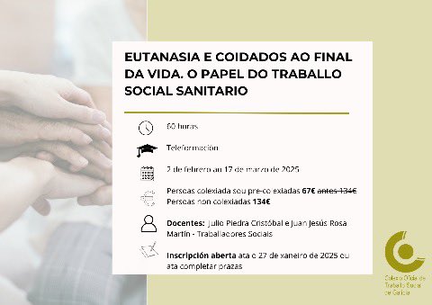 Aún quedan plazas del Curso online sobre Eutanasia y Cuidados Paliativos! Más información 👉 traballosocial.gal/formacion-cots…