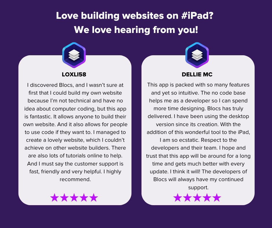 blocsapp's tweet photo. We love hearing how @Blocs for #iPad is making #website building easier, smarter & more flexible! 🚀
Not tried it yet? Take it for a spin with our FREE unlimited trial!
🔗 https://t.co/PnnURSOXvE
#WebDesign #iPadApps #WebsiteBuilder #CustomerReviews https://t.co/LGNYNHZleT