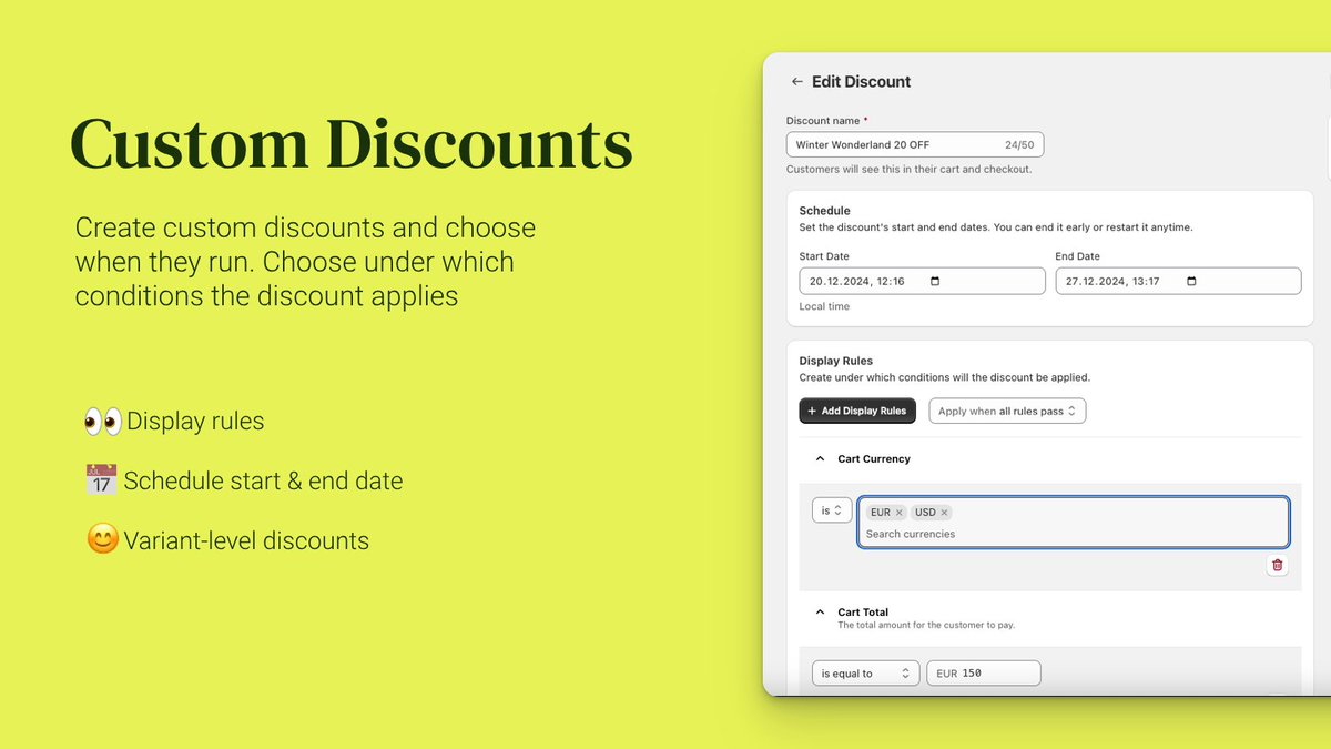 Stuck with Shopify's basic discount rules? Can't set dynamic cart totals based on location or customer spend?  

Mont handles complex discount logic automatically. No code needed.
apps.shopify.com/mont