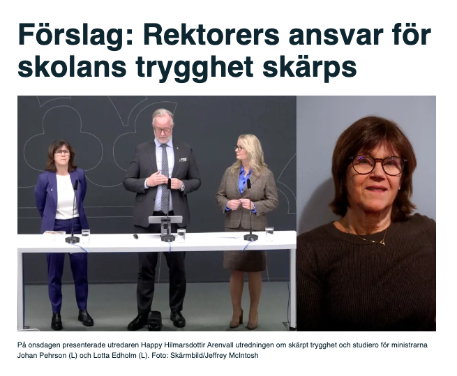 Regeringens utredare: Rektorers ansvar för skolans trygghet behöver skärpas

skolledaren.se/aktuellt/nyhet…
