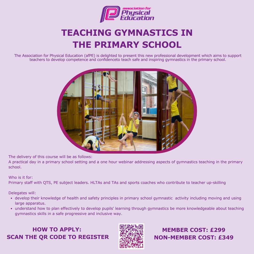 📢 Gymnastics in the Primary School CPD!

Host a course &amp; get a FREE place! 🏫🤸‍♂️ A hands-on day in a school setting with access to apparatus &amp; pupil demonstrations. Perfect for PE leads, QTS staff, HLTAs, TAs &amp; sports coaches looking to build confidence &amp; subject knowledge