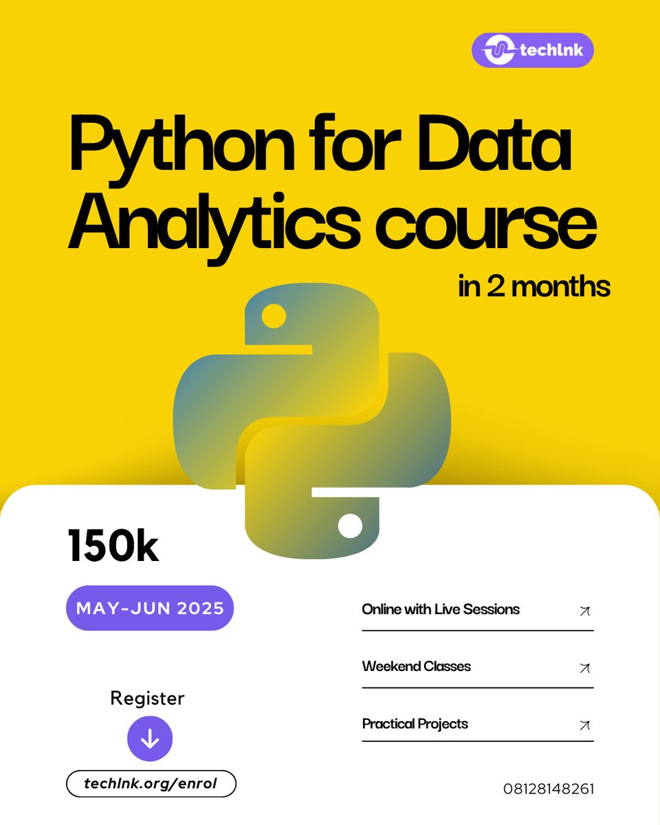 techlnklabs's tweet photo. Kickstart your career in Data Analytics in just 2 months!  Join Techlnk's Python for Data Analytics course and take your career to the next level. Enrol today https://t.co/eyHyi7Jo7p https://t.co/ad6BcOucta