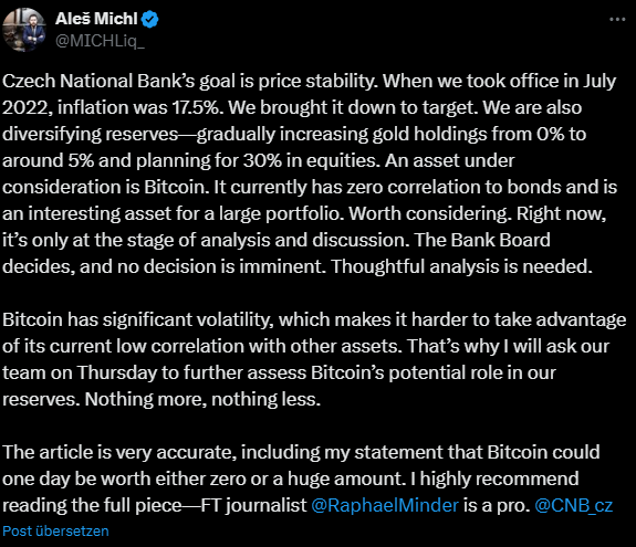 💥 Bitcoin goes Central Bank? Der Chef der Tschechischen Nationalbank will Milliarden-Reserven in Bitcoin umschichten – und könnte damit Geschichte schreiben. 🇨🇿🔥 Sollte der Plan durchgehen, wäre das die erste westliche Zentralbank, die Bitcoin offiziell in ihre Bilanz aufnimmt.