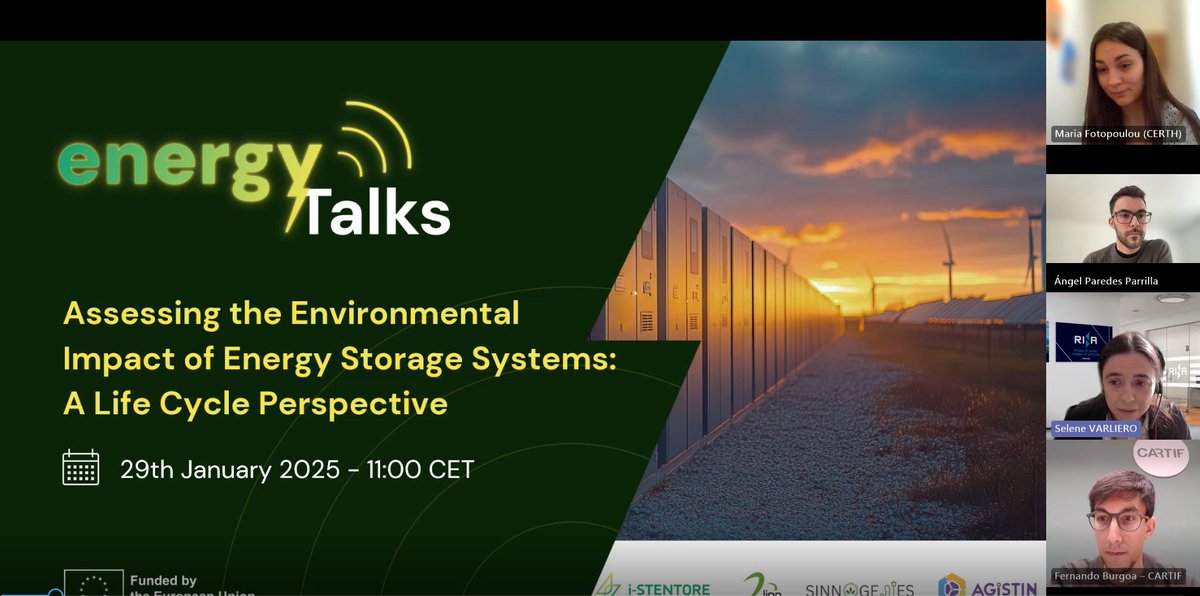 We just hosted the #EnergyTalk on the environmental impact of #energystorage systems! Key takeaways: 
🔹Importance of Life Cycle Assessment (LCA) 
🔹Challenges &amp; future directions in sustainable energy
Thanks to the speakers &amp; attendees!

#HorizonEU #Sustainability #LCA