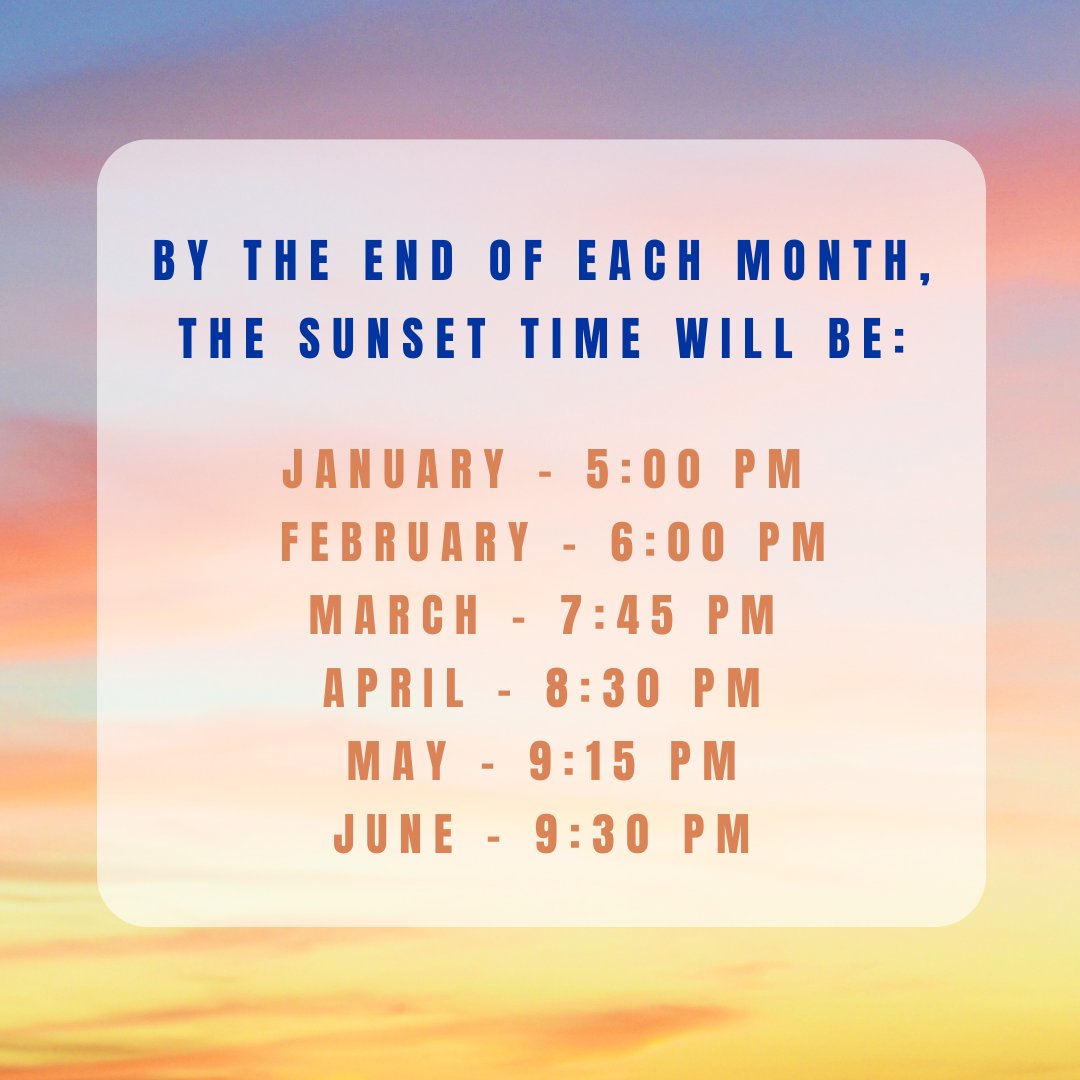CalendarsUK's tweet photo. Brighter Days Are Coming 🌅
By the end of each month (UK times - approximate for London), sunset times will be getting later and later 🗓️ So the countdown to long summer nights is on! 🌇💛
#BrighterDays #LongerEvenings #SunsetTimes #SpringIsComing #UKSunsets https://t.co/jqMFo8LhkW