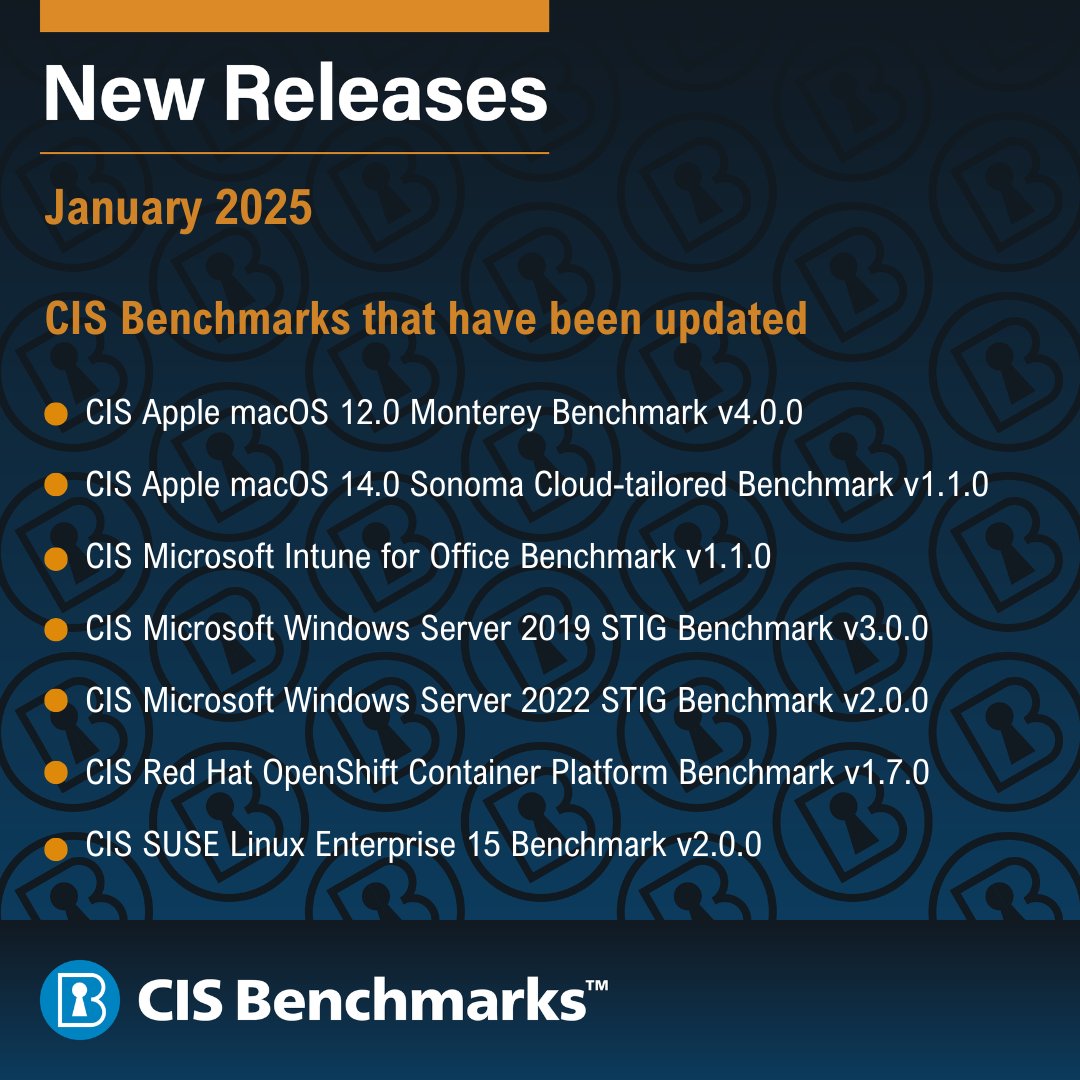 CISecurity's tweet image. Get a glimpse of the recently updated #CISBenchmarks for January here. bit.ly/40mQxXI #macOS #microsoft #cybersecurity