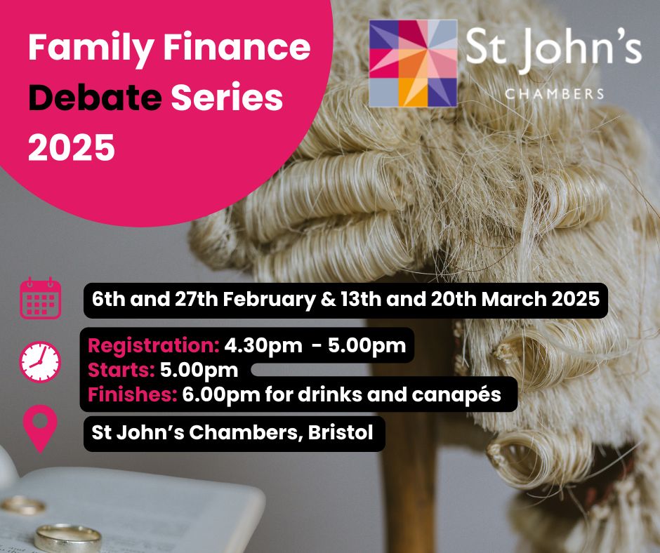 StJohnsChambers's tweet image. Our #Divorce &amp;amp; Financial Remedy team are excited to invite you to an innovative series of debates focusing on some of the hot topics in the world of #financial remedies.

Held in Chambers, each debate will see two of our specialist financial remedy barristers pitted against each…