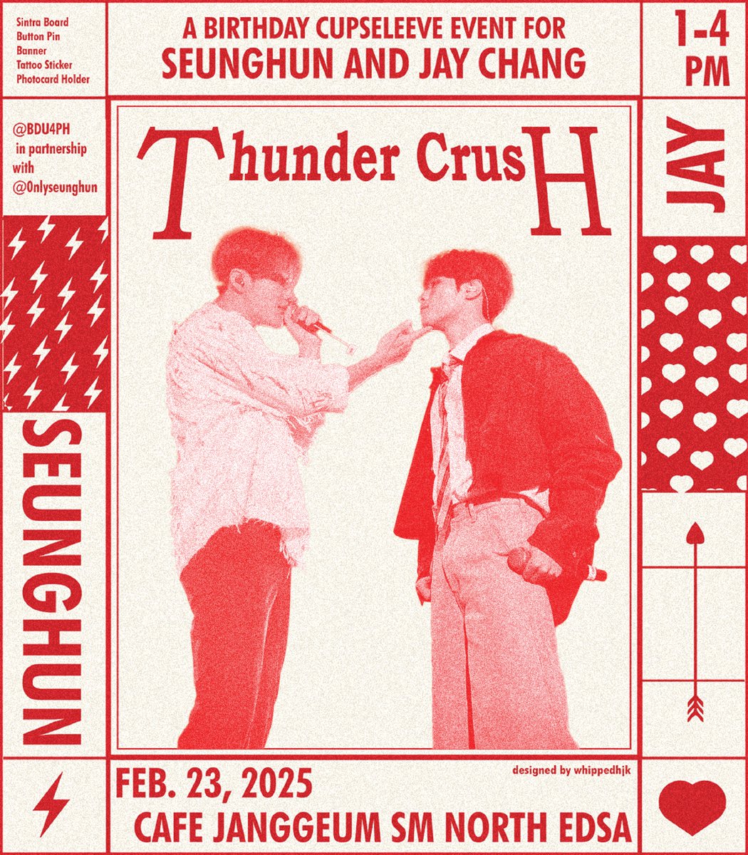 BDU4PH's tweet photo. ⚡  Thunder Crush 🩷
A birthday cupsleeve event for Seunghun and Jay Chang
in partnership with @0nlyseunghun 

🗓️February 23,2025 l  1:00 to 4:00pm 
📍Cafe Janggeum, SM North Edsa

Registration Link
🔗https://t.co/66ck6kWLPR

#BDU #CIX #Onepact #Seunghun #JayChang #JayHun https://t.co/b1cNmrCurc