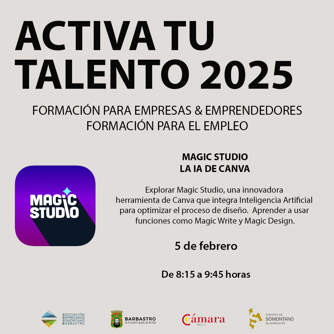 CSomontano's tweet image. 🔥¡Domina Canva con IA! 🎨 Taller Magic Studio:
📅5/2 | 🕗8:15-9:45h
📍Online
Aprende Magic Write y Magic Design ✅
🔗Inscripciones: camarahuesca.com/cursos
¡Últimas plazas! 👉 #FormaciónTech #CanvaMagic #DiseñoIA