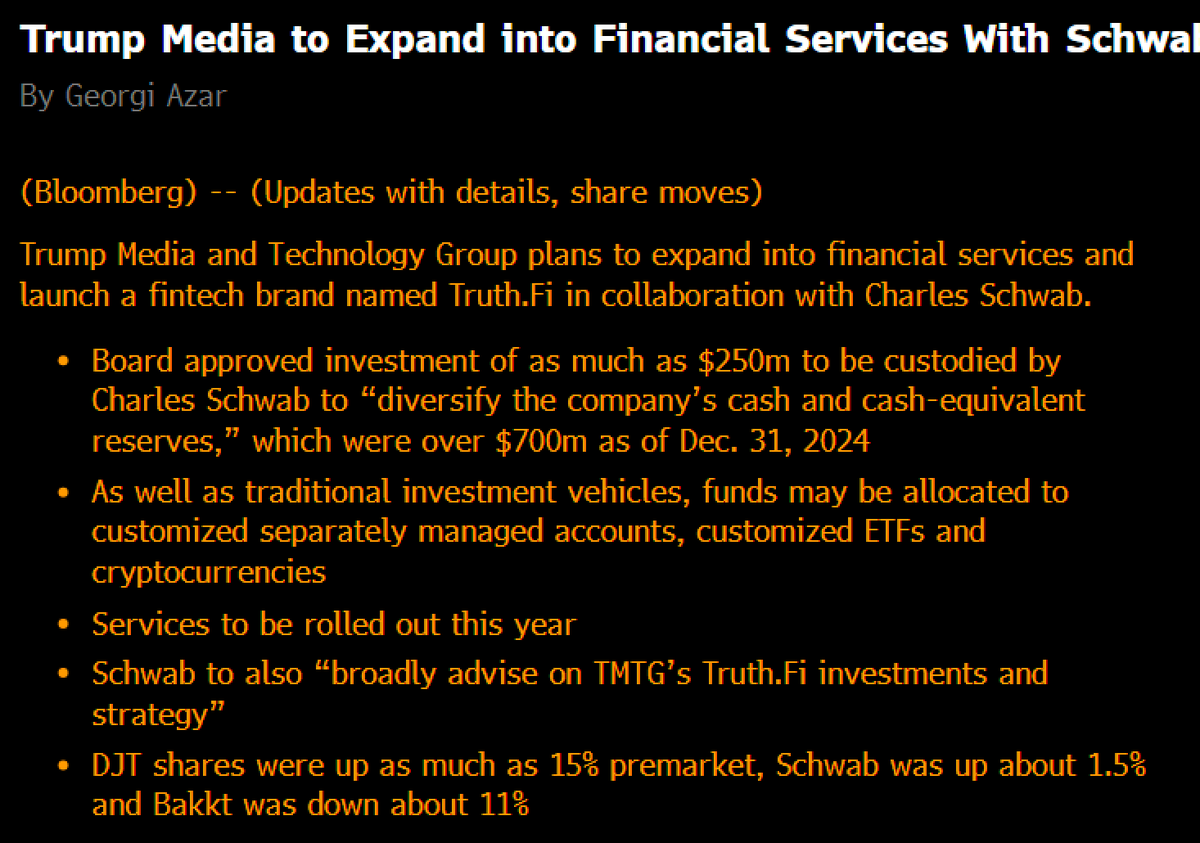 PhyrexNi's tweet photo. 前边刚刚说完，就有新的信息显示川普媒体与技术集团（Trump Media and Technology Group，TMTG）计划扩展至金融服务领域的最新动态，并宣布与嘉信理财（Charles Schwab）合作推出一个名为 https://t.co/I14ySrj4DB 的金融科技品牌。

董事会已批准投资最高可达 2.5 亿美元，将由嘉信理财托管。该投资旨在“分散公司的现金及等值现金储备”，即优化资产配置，避免资金集中在单一资产或风险较高的领域。截至 2024 年 12 月 31 日，TMTG 持有的现金及等值现金储备总额已超过 7 亿美元。

https://t.co/I14ySrj4DB 不仅限于传统投资工具，还计划涉及以下金融产品：

A.定制化的独立管理账户（Separately Managed Accounts, SMAs）：这些账户通常用于高净值客户，提供个性化投资策略和资产配置。

B.定制化ETF（Exchange-Traded Funds，交易所交易基金）：意味着 https://t.co/I14ySrj4DB 可能会推出专属的 ETF 产品，例如与 TMTG 业务或川普相关的投资组合。

C.加密货币（Cryptocurrencies）：报道指出该平台可能会分配部分资金用于加密货币投资，这表明 TMTG 可能正在探索数字资产市场。

https://t.co/I14ySrj4DB 的金融服务预计将在 2025 年内推出，但具体时间尚未公布。信息公布后，川普媒体集团（DJT）的股票盘前上涨最多 15%，说明市场对该消息的反应非常积极，投资者看好 TMTG 进入金融服务行业的前景。

嘉信理财（Schwab）的股��上涨约 1.5%，反映出投资者对这一合作的认可，但影响相对较小，因为嘉信理财本身已是成熟的金融巨头。

本推文由 @ApeXProtocolCN 赞助｜Dex With ApeX