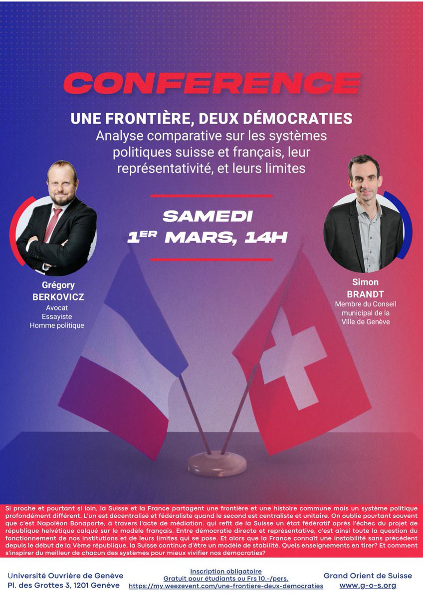 Conférence publique, le 01.03, à Genève : “Une frontière, deux démocraties : analyse comparative des systèmes politiques suisse et français, leur représentativité et leurs limites”.

Intervenants  : <a href="/simonbrandt/">Simon Brandt</a> et <a href="/GregBerkovicz/">Grégory Berkovicz</a> 

Inscription: my.weezevent.com/une-frontiere-…