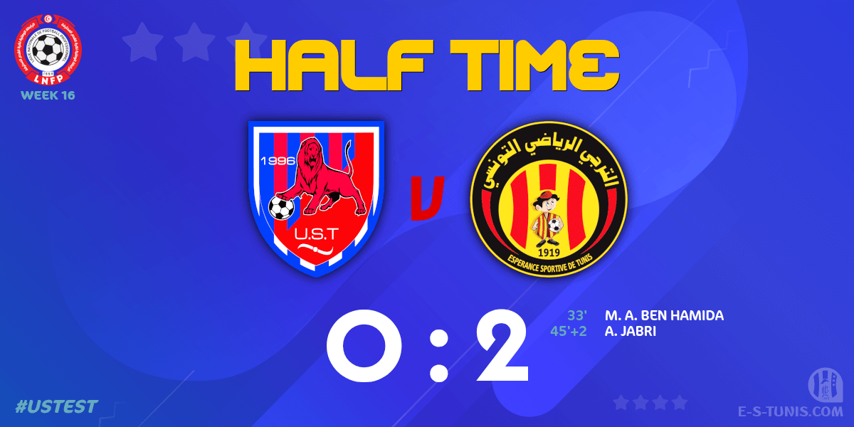 ESTuniscom's tweet photo. ⏱ HT | #Ligue1Tn🇹🇳 Week 16 #USTEST | @USTataouine 0⃣-2⃣ @ESTuniscom : End of the first half / نهاية الشوط الاول / Fin de la première période https://t.co/N4MbKIa7YV