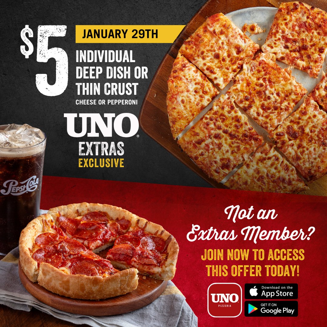 Today only! Get an Individual Deep Dish or Thin Crust Pizza for just $5—exclusive to our UNO Extras Members! Not a member? It’s FREE to join. Sign up today and you can access this deal instantly! 

Valid for dine-in and take-out at participating restaurants. Limit 5 per person.