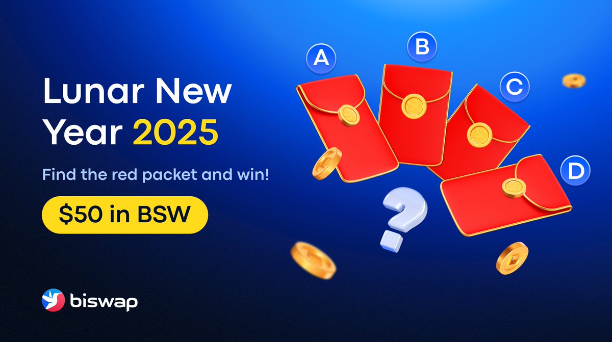 Biswap_Dex's tweet image. 🧧 Lucky Red Packets Alert: Year of the Wood Snake! 🐍
$50 in $BSW | 4 Lucky Winners

✨To join the celebration:
- Choose your packet (A, B, C, or D)
- ❤️+🔁 &amp;amp; follow @Biswap_Dex
- Have a happy Chinese New Year!

Winners announced Feb 4! 🎉