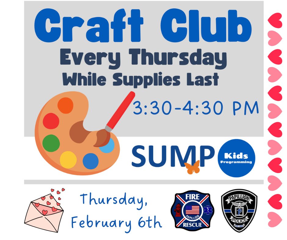 Join us and our friends from <a href="/papillionpolice/">Papillion Police</a> for FREE drop-in crafts at the <a href="/PapillionLib/">Papillion Public Library</a> for #CraftClubwithCommunityHelpers this Thursday, February 6th from 3:30 - 4:30 p.m.