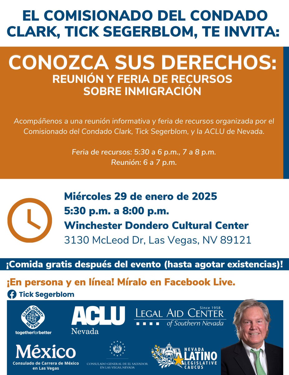 Commissioner Tick Segerblom (@commishtick) on Twitter photo ¡Estoy emocionado del evento de hoy con <a href="/ACLUNV/">ACLU of Nevada</a>! Acompañenos para una reunión y feria informativa sobre sus derechos. ¡Estoy emocionado del evento de hoy con <a href="/ACLUNV/">ACLU of Nevada</a>! Acompañenos para una reunión y feria informativa sobre sus derechos.