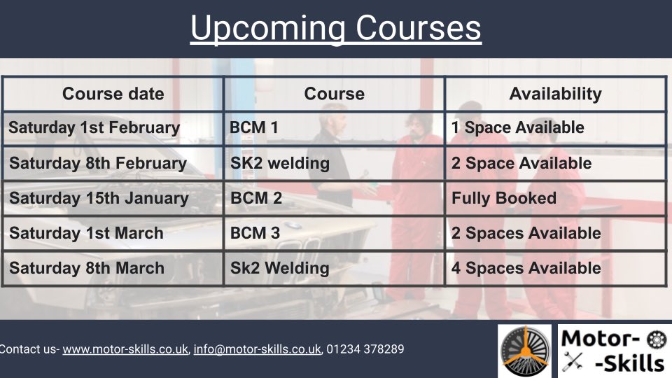 Motor Skills Training (@motorskillsuk) on Twitter photo We are still offering 5% off our courses if you book and pay before the end of January 🛠️
Hurry so you don’t miss out on learning new skills!
☎️01234 378289
✉️info@motor-skills.co.uk
🌐motor-skills.co.uk We are still offering 5% off our courses if you book and pay before the end of January 🛠️
Hurry so you don’t miss out on learning new skills!
☎️01234 378289
✉️info@motor-skills.co.uk
🌐motor-skills.co.uk