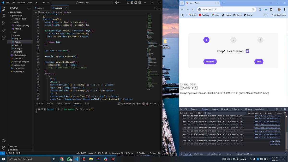 Charlie Xtopher (@charliextopher) on Twitter photo Day 10:
I recently took up a course on React, and today I learnt more about the use of props and the react hook useState,
I also took some test challenges to reinforce what I learnt.
<a href="/AnambraTechies/">Anambra Techies</a>
#100DaysOfConsistency
#KeepShowingUp
#AnambraTechies Day 10:
I recently took up a course on React, and today I learnt more about the use of props and the react hook useState,
I also took some test challenges to reinforce what I learnt.
<a href="/AnambraTechies/">Anambra Techies</a>
#100DaysOfConsistency
#KeepShowingUp
#AnambraTechies