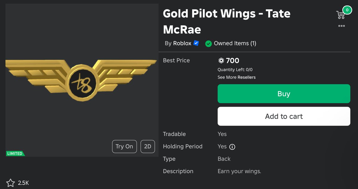 100TabbyCats's tweet image. Brand new Roblox limited! Gold Pilot Wings - Tate McRae had finally gone limited! This item was supposed to go limited all the way back in june 2021 but it never happened, but today its finally been made limited!
#roblox #robloxlimiteds #robloxtrading