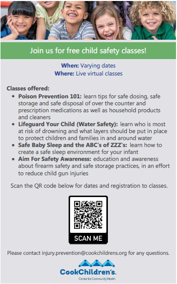 Join Us for Free Child Safety Classes!
Visit cookchildrenscommunity.org/caregiver-educ… for more information.