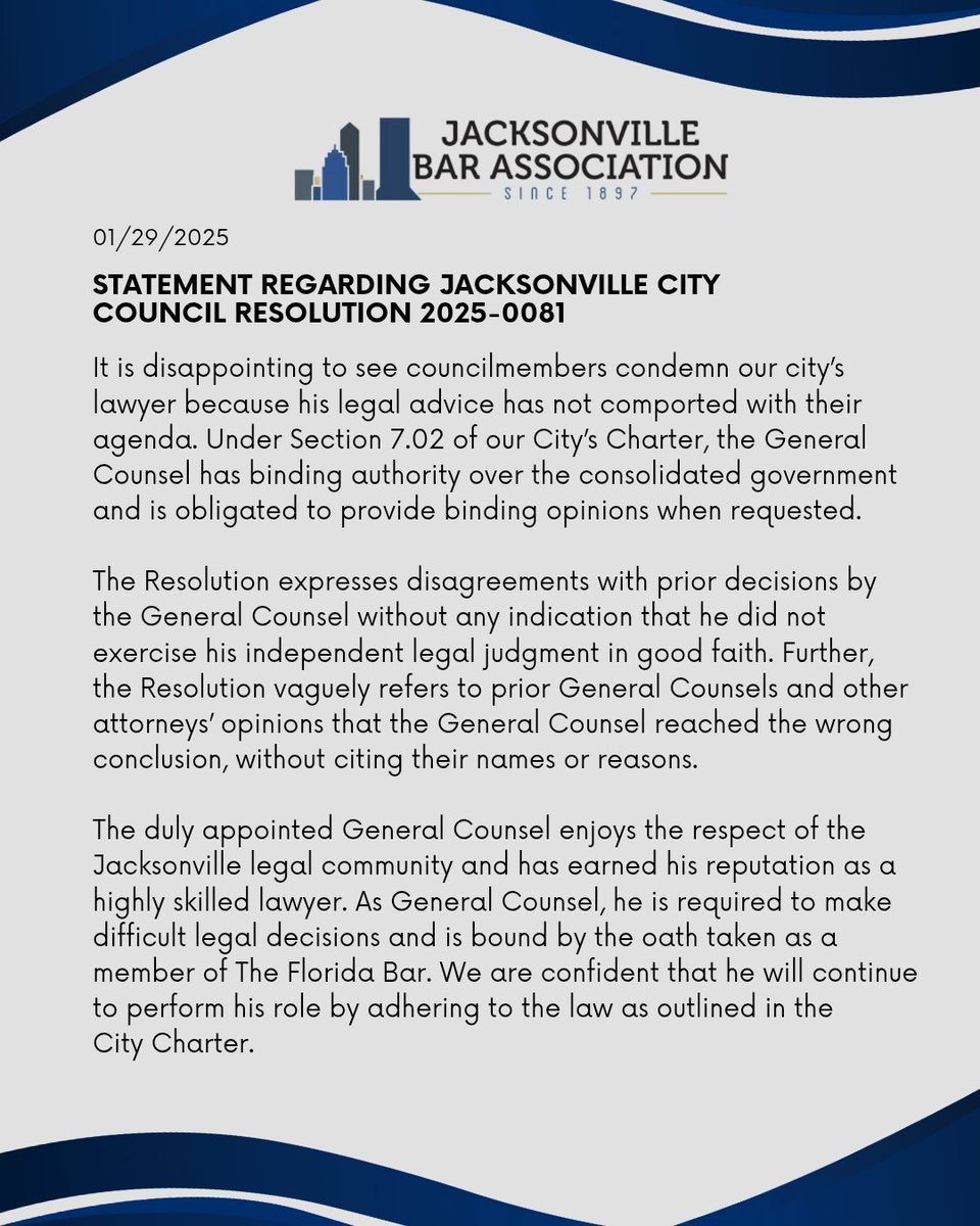myjaxbar's tweet photo. Good afternoon, JBA members. Please read the following statement issued today by the Board of Governors regarding Jacksonville City Council Resolution 2025-0081.

#myjaxbar https://t.co/wHhnDeR11n