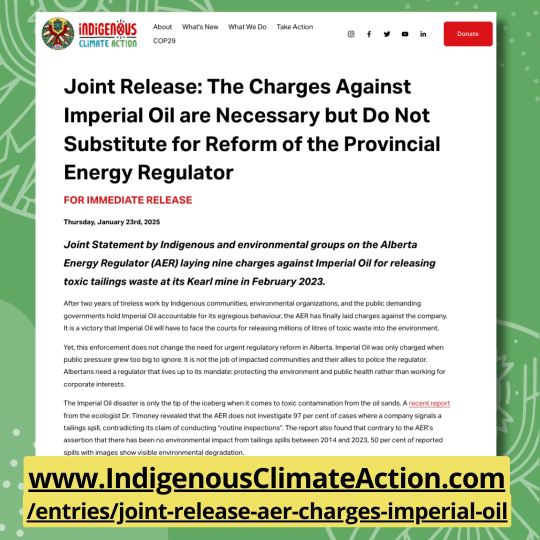 Indigenous Climate Action (@indigenous_ca) on Twitter photo 🗞️ Joint Statement by Indigenous & environmental groups on the Alberta Energy Regulator (AER) – Read full statement at: indigenousclimateaction.com/entries/joint-…
<a href="/ABBFossilFuels/">AlbertaBeyondFossilFuels</a> <a href="/ABWilderness/">Alberta Wilderness Association</a> <a href="/CAPE_ACME/">@CAPE-ACME</a> <a href="/cpaws/">CPAWS · SNAP Canada</a> <a href="/CANRacCanada/">CAN-Rac Canada</a> <a href="/envirodefence/">EnvironmentalDefence</a> <a href="/KeepersOfWater/">Keepers of the Water</a> 🗞️ Joint Statement by Indigenous & environmental groups on the Alberta Energy Regulator (AER) – Read full statement at: indigenousclimateaction.com/entries/joint-…
<a href="/ABBFossilFuels/">AlbertaBeyondFossilFuels</a> <a href="/ABWilderness/">Alberta Wilderness Association</a> <a href="/CAPE_ACME/">@CAPE-ACME</a> <a href="/cpaws/">CPAWS · SNAP Canada</a> <a href="/CANRacCanada/">CAN-Rac Canada</a> <a href="/envirodefence/">EnvironmentalDefence</a> <a href="/KeepersOfWater/">Keepers of the Water</a>