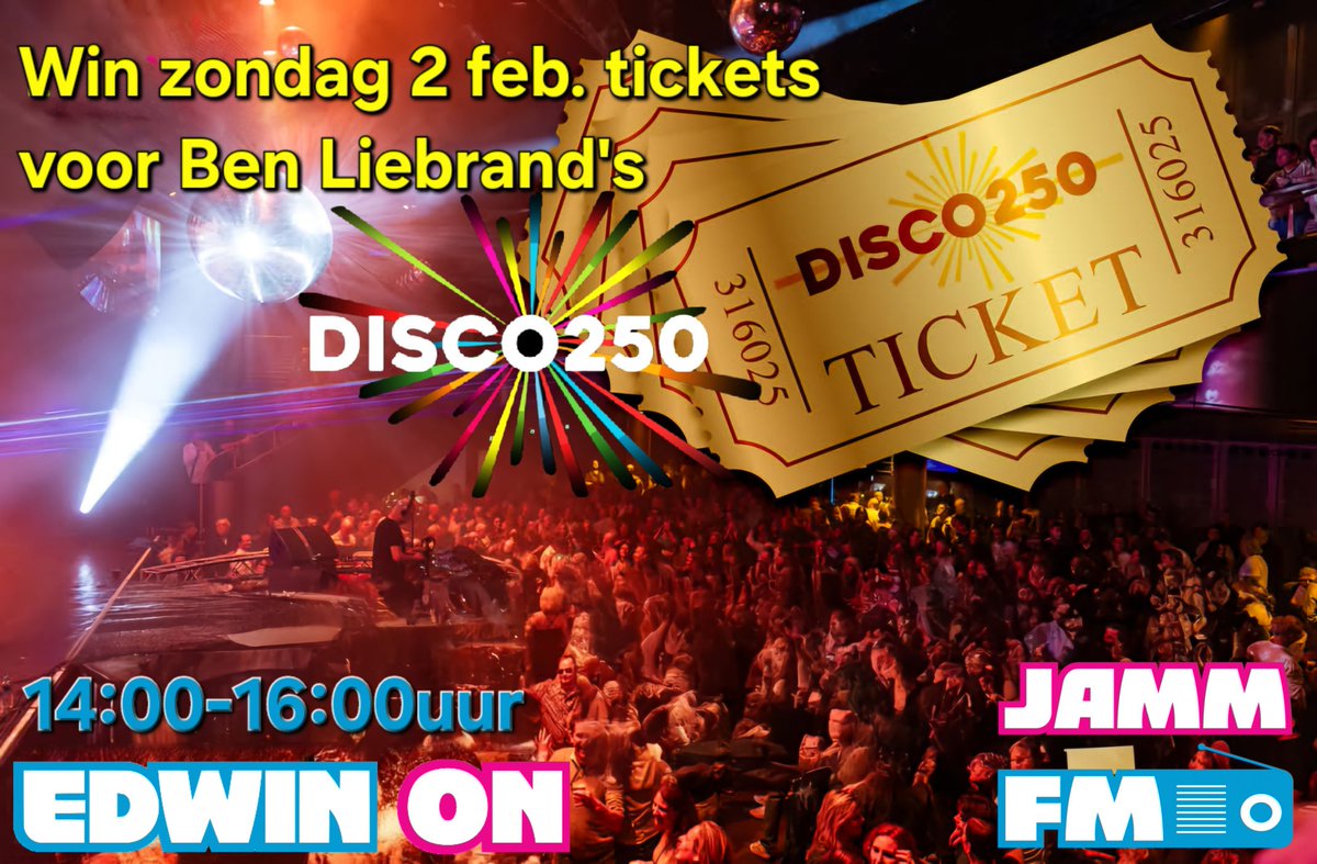 Win zondag 2 februari tickets voor Ben Liebrand's DISCO250 19 april Tivoli Utrecht.
-= 𝗘𝗗𝗪𝗜𝗡 𝗢𝗡 𝗝𝗔𝗠𝗠 𝗙𝗠 =-
Van 14:00 tot 16:00 uur EDWIN ON op Jamm Fm !!!
Mis het niet en stem zondag af op Jamm Fm via:
- jammfm.nl/livestream/
- jammfm.nl/player/ <a href="/BenLiebrand/">Ben Liebrand</a>