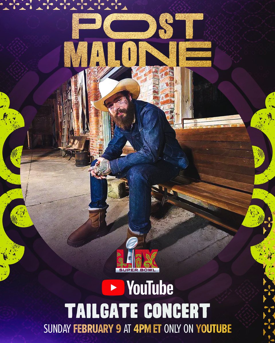 NFL's tweet image. 🤠 @PostMalone WILL BE HEADLINING THE #SBLIX @YouTube TAILGATE CONCERT 🤠 

Watch him perform LIVE on NFL YouTube at 4pm ET on 2/9❗️
