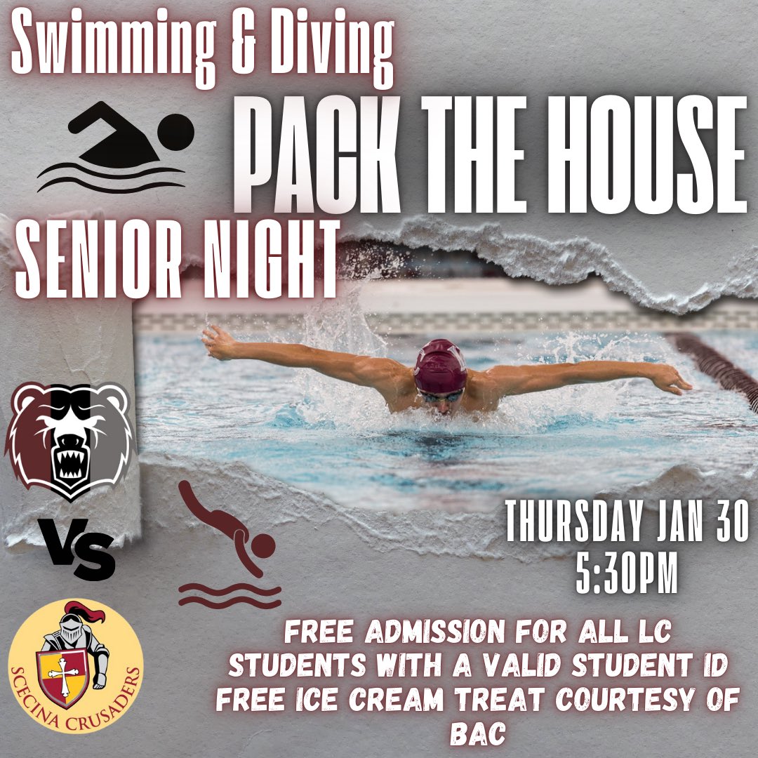 LCBAC (@lchsbac) on Twitter photo Come out tomorrow for Pack the House. LC students receive free admission and an ice cream treat from BAC.
Come cheer on your LC Swim and Dive team!!!
Go Bears!!! ๐ป ๐ ๐ป ๐๐ผโโ๏ธ ๐ป ๐๐ผโโ๏ธ
<a href="/LCHSAthletics/">LCHSAthletics</a> <a href="/LCHSBears/">Lawrence Central</a> <a href="/Bears_Swimming/">LC Swim & Dive</a> Come out tomorrow for Pack the House. LC students receive free admission and an ice cream treat from BAC.
Come cheer on your LC Swim and Dive team!!!
Go Bears!!! ๐ป ๐ ๐ป ๐๐ผโโ๏ธ ๐ป ๐๐ผโโ๏ธ
<a href="/LCHSAthletics/">LCHSAthletics</a> <a href="/LCHSBears/">Lawrence Central</a> <a href="/Bears_Swimming/">LC Swim & Dive</a>