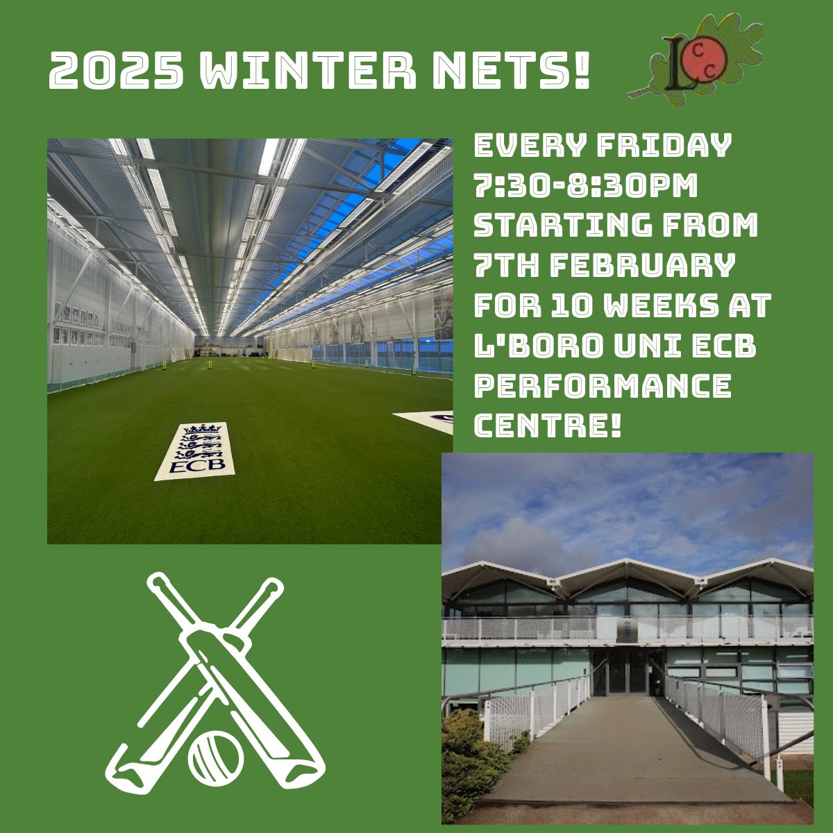 🏏 Winter Nets Are Back! 🏏

LOCC’s winter nets kick off on Friday 7th February, from 7:30-8:30pm at Loughborough University ECB Performance Centre.

Welcoming new and returning players of all abilities, come join us💪