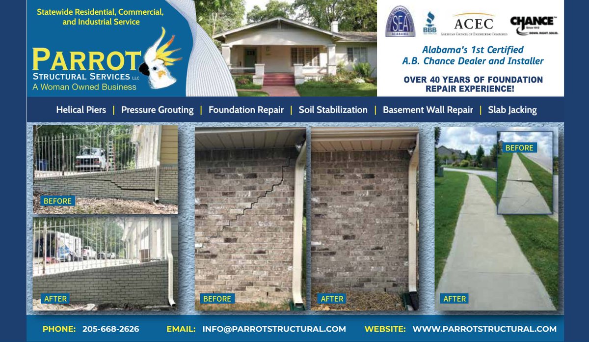 cfpbirmingham's tweet image. Parrot Structural Services LLC can help you with pressure grouting, foundation repair, basement wall repair, and more! #foundationrepair #birminghamalabama #homeimprovement